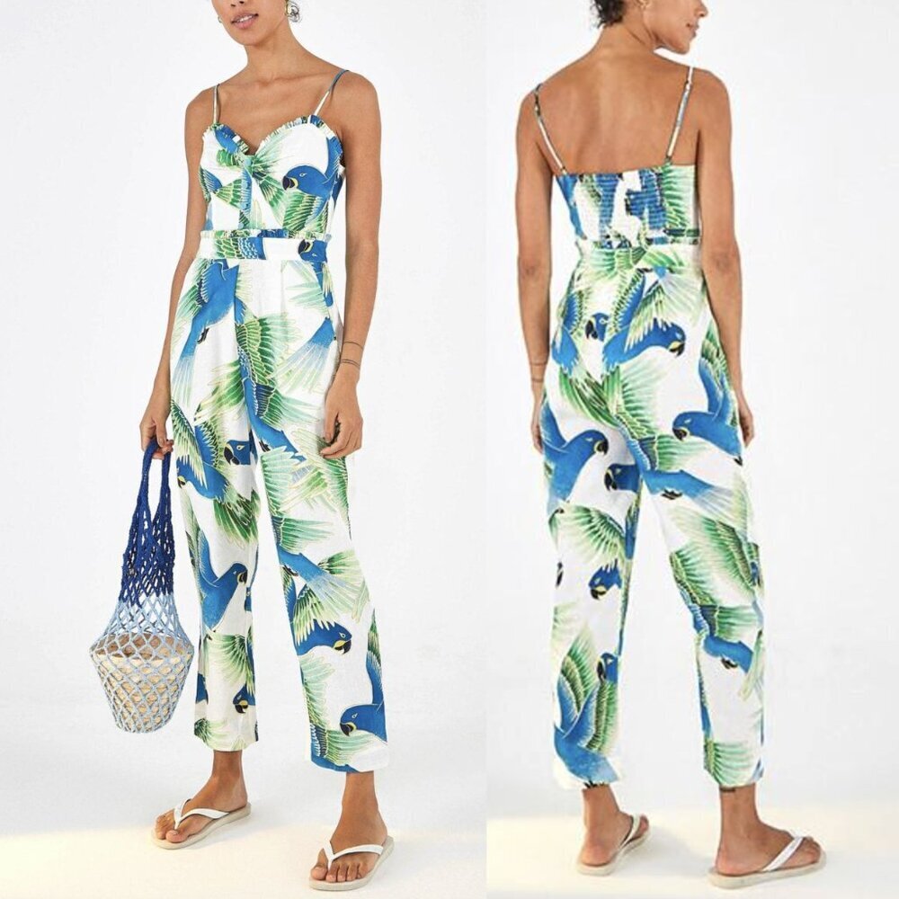 FARM Rio NWT Araras Parrot Print Smocked Linen Relaxed Fit White Jumpsuit, XS - Picture 1 of 14